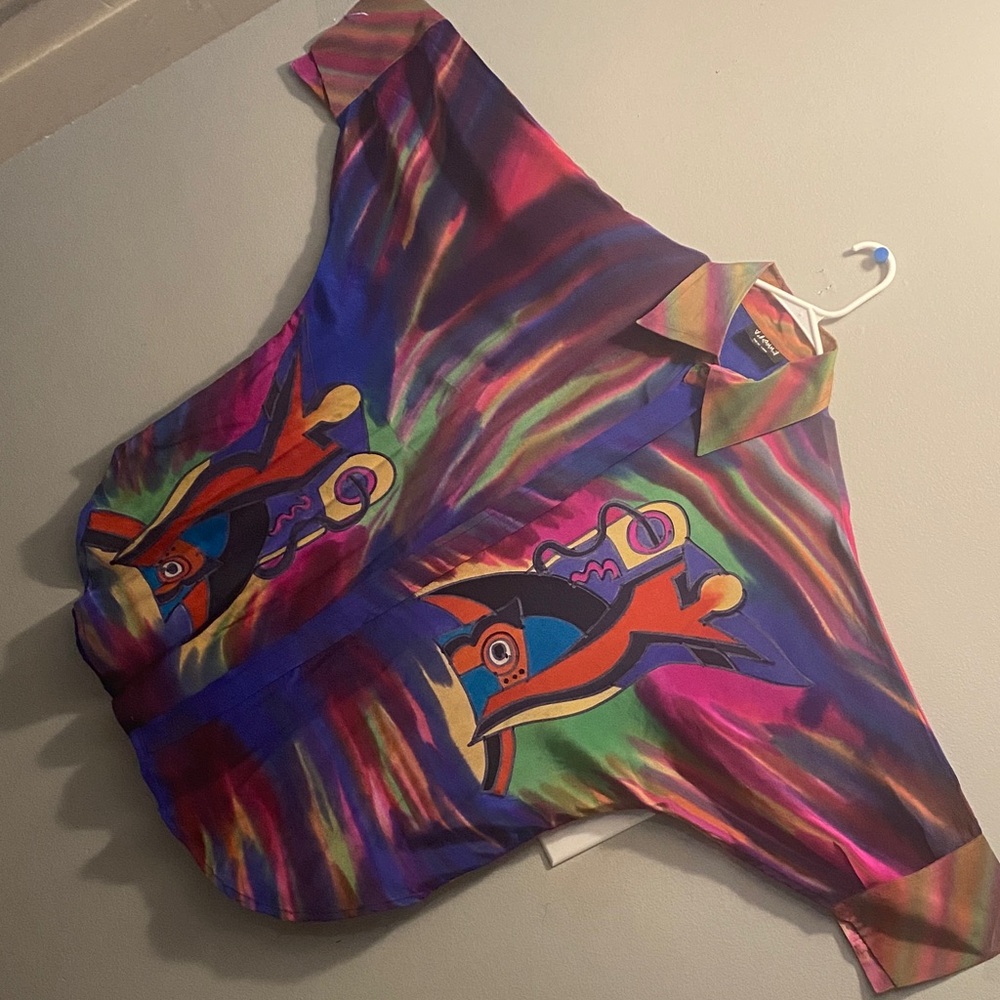 ❤️DILEMMA HAND PAINTED SILK DELAUNAY INSPIRED ART TO WEAR ASYMMETRIC JACKET,OS+!